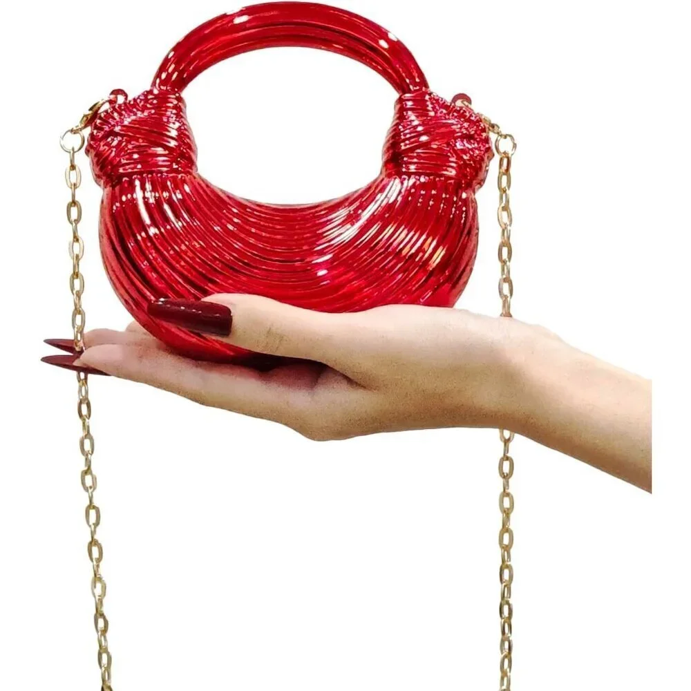 Women's Acrylic Crescent Clutch Bag Crossbody Purse with Chain Red Buckle